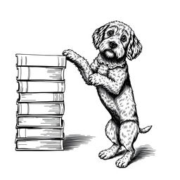 A Lagotto Romagnolo dog standing on its hind legs on the ground, leaning its front legs on the upper part of a stack of books positioned on the left side of the image