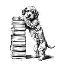 A Lagotto Romagnolo dog standing on its hind legs on the ground, leaning its front legs on the upper part of a stack of books positioned on the left side of the image