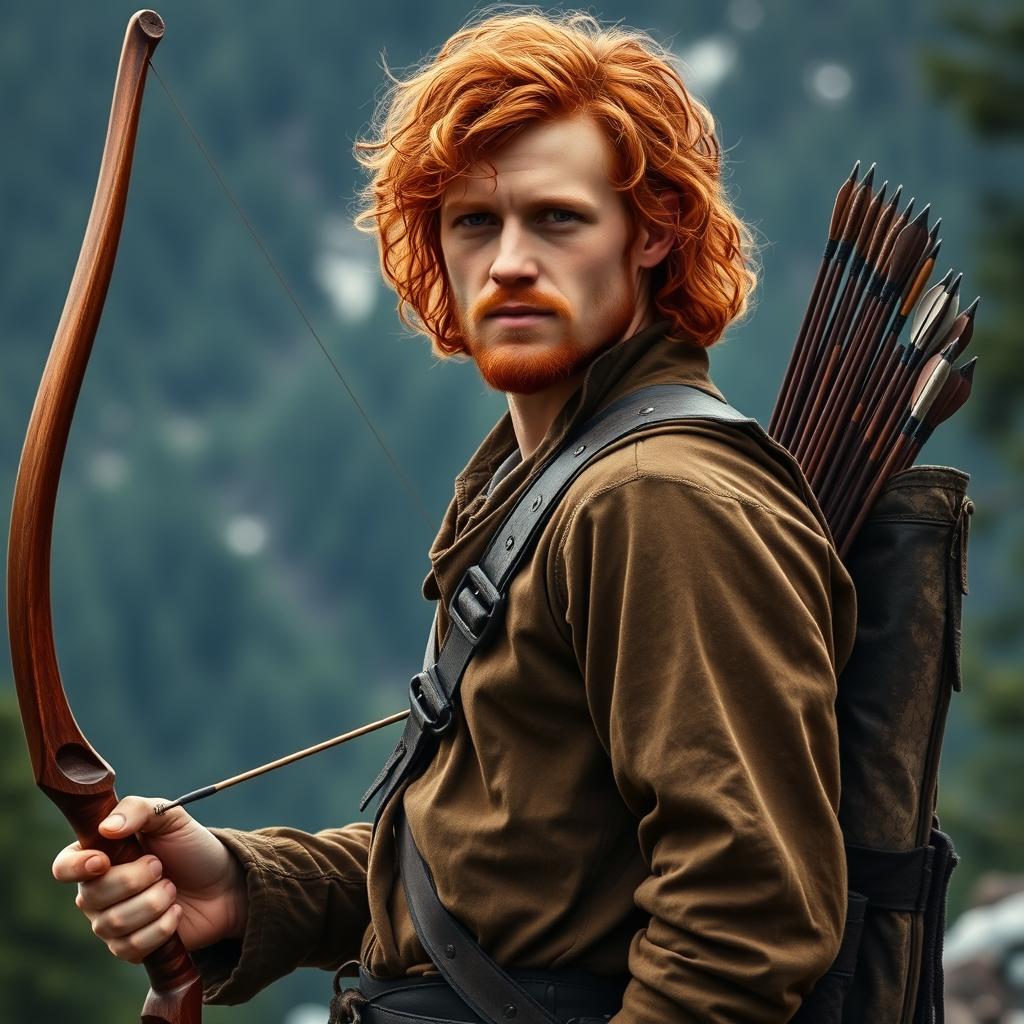 A full-body image of a handsome red-haired man with curly hair, resembling Jamie Fraser from the series Outlander