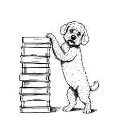 A white Lagotto Romagnolo dog standing on its hind legs, leaning its front legs on the upper part of a stack of books