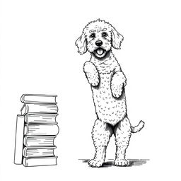 A white Lagotto Romagnolo dog standing on its hind legs, leaning its front legs on the upper part of a stack of books