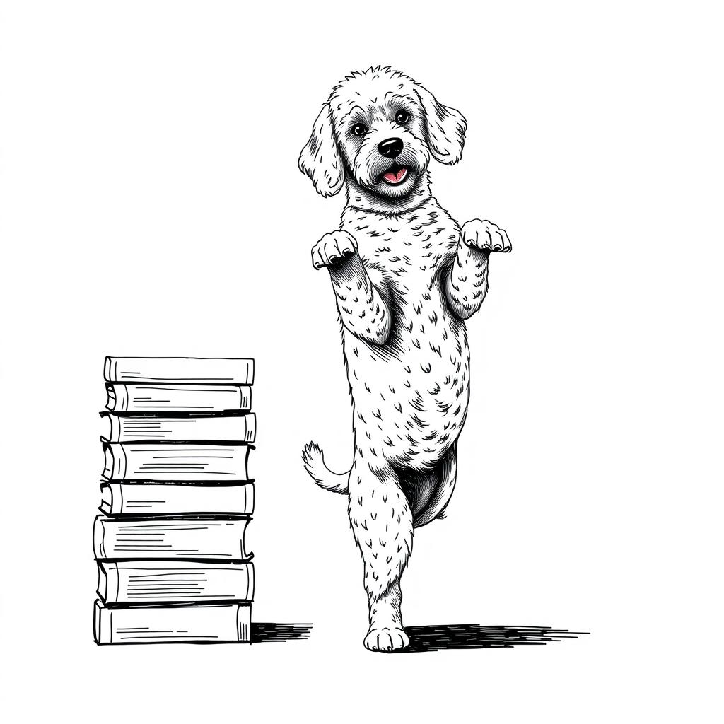 A white Lagotto Romagnolo dog standing on its hind legs, leaning its front legs on the upper part of a stack of books