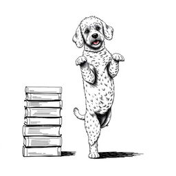A white Lagotto Romagnolo dog standing on its hind legs, leaning its front legs on the upper part of a stack of books