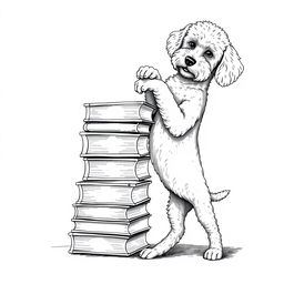 A white Lagotto Romagnolo dog standing on its hind legs, leaning its front legs on the upper part of a stack of books