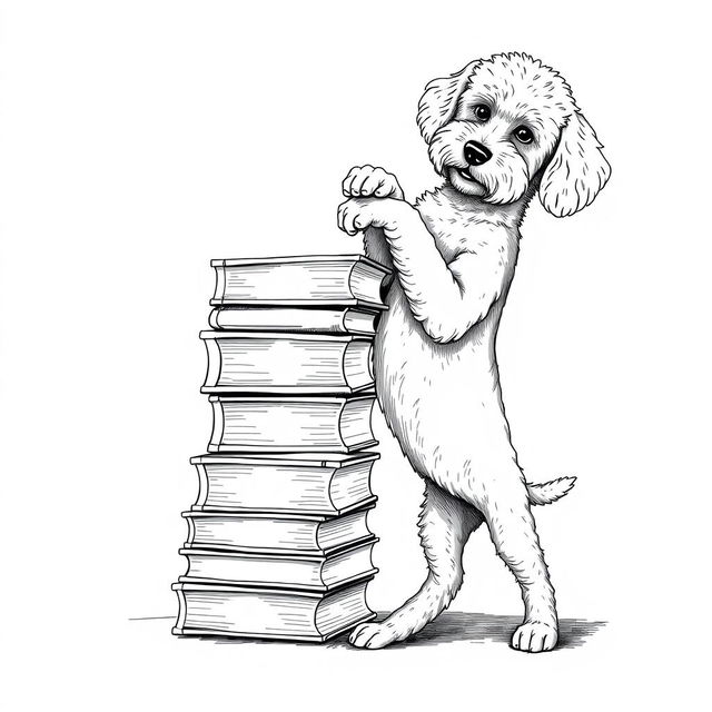 A white Lagotto Romagnolo dog standing on its hind legs, leaning its front legs on the upper part of a stack of books