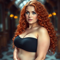 A curvy Caucasian female with long, curly red hair and striking light green eyes, showcasing her voluptuous figure with prominent breasts and hips, posed gracefully in a captivating environment, emphasizing her alluring features