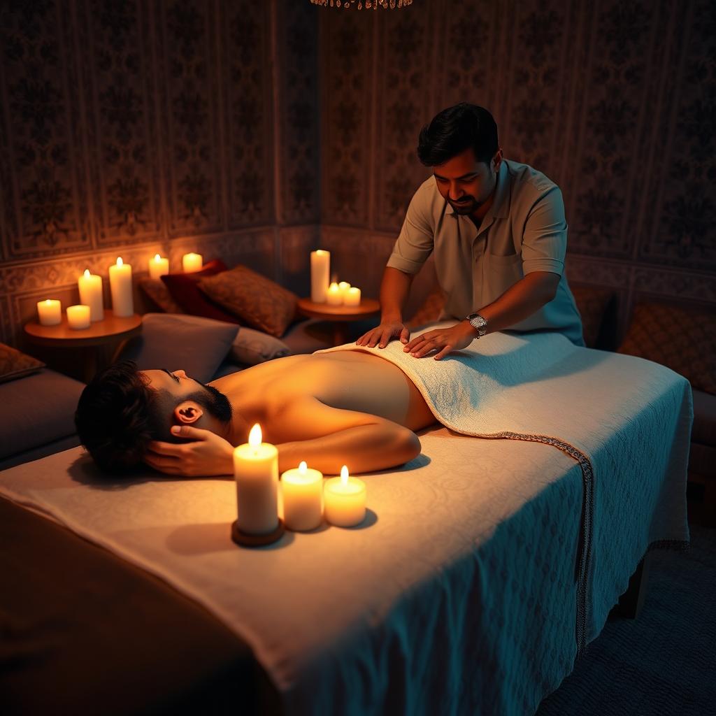 A serene ASMR body massage scene set in a calming environment
