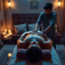 A serene ASMR body massage scene set in a calming environment
