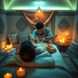 A serene ASMR body massage scene set in a calming environment