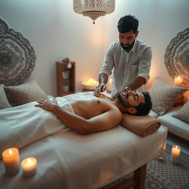 A serene ASMR body massage scene set in a calming environment