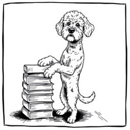 A white Lagotto Romagnolo dog standing on its hind legs on the ground, leaning its front legs on a stack of books positioned on the left side of the image