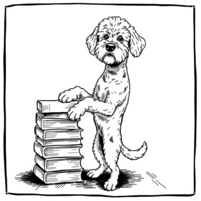 A white Lagotto Romagnolo dog standing on its hind legs on the ground, leaning its front legs on a stack of books positioned on the left side of the image