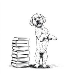 A white Lagotto Romagnolo dog standing on its hind legs on the ground, leaning its front legs on a stack of books positioned on the left side of the image