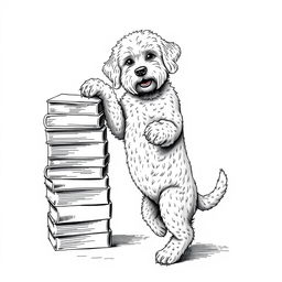 A white Lagotto Romagnolo dog standing on its hind legs on the ground, leaning its front legs on a stack of books positioned on the left side of the image