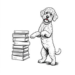 A white Lagotto Romagnolo dog standing on its hind legs on the ground, leaning its front legs on a stack of books positioned on the left side of the image