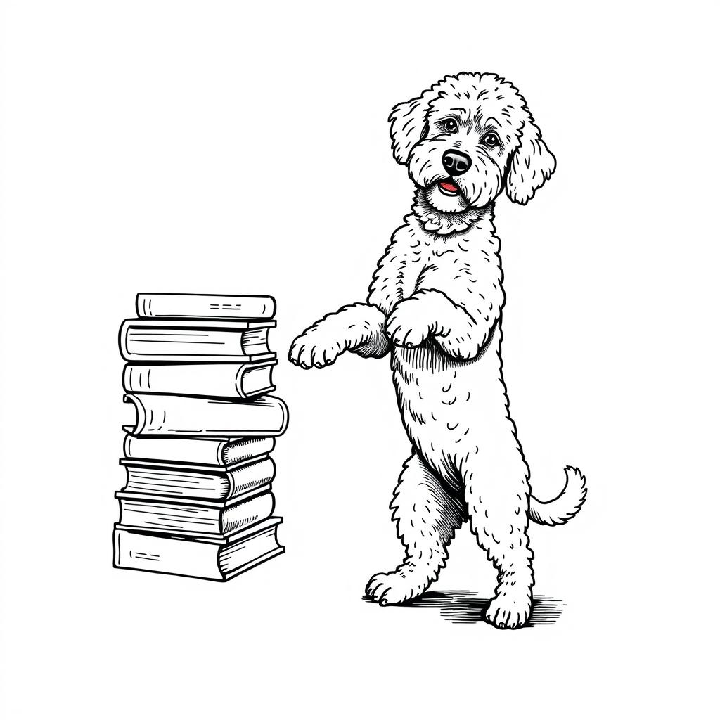 A white Lagotto Romagnolo dog standing on its hind legs on the ground, leaning its front legs on a stack of books positioned on the left side of the image