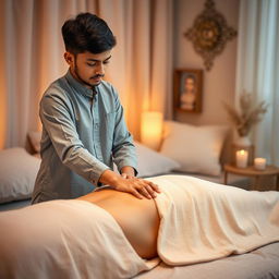 A serene and tranquil ASMR scene featuring a young Pakistani male performing a relaxing body massage