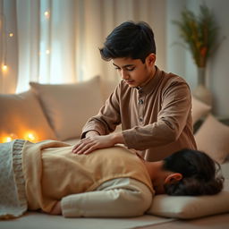 A serene and tranquil ASMR scene featuring a young Pakistani male performing a relaxing body massage
