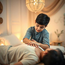 A serene and tranquil ASMR scene featuring a young Pakistani male performing a relaxing body massage