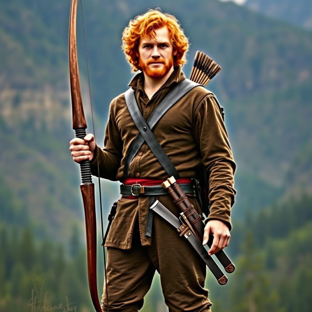 A full-body image of a tall and strong handsome red-haired man with curly hair, resembling Jamie Fraser from the series Outlander