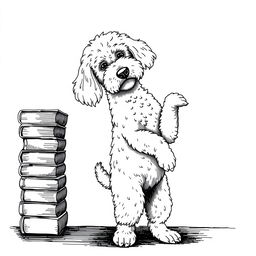 A white Lagotto Romagnolo dog standing on its hind legs, leaning its front legs on the top book of a stack of books, which is located on the left side of the image