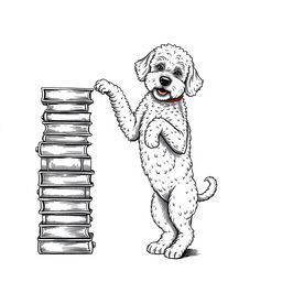 A white Lagotto Romagnolo dog standing on its hind legs, leaning its front legs on the top book of a stack of books, which is located on the left side of the image