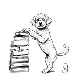 A white Lagotto Romagnolo dog standing on its hind legs, leaning its front legs on the top book of a stack of books, which is located on the left side of the image