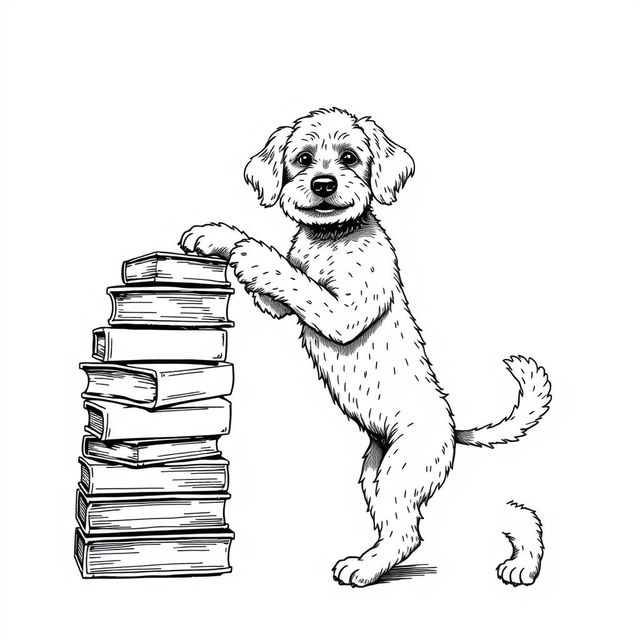A white Lagotto Romagnolo dog standing on its hind legs, leaning its front legs on the top book of a stack of books, which is located on the left side of the image
