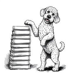 A white Lagotto Romagnolo dog standing on its hind legs, leaning its front legs on the top book of a stack of books, which is located on the left side of the image