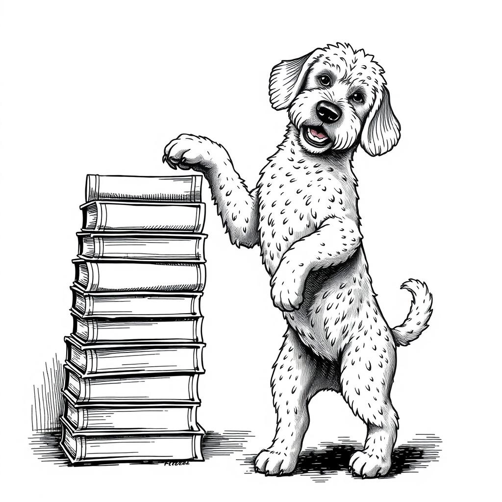 A white Lagotto Romagnolo dog standing on its hind legs, leaning its front legs on the top book of a stack of books, which is located on the left side of the image