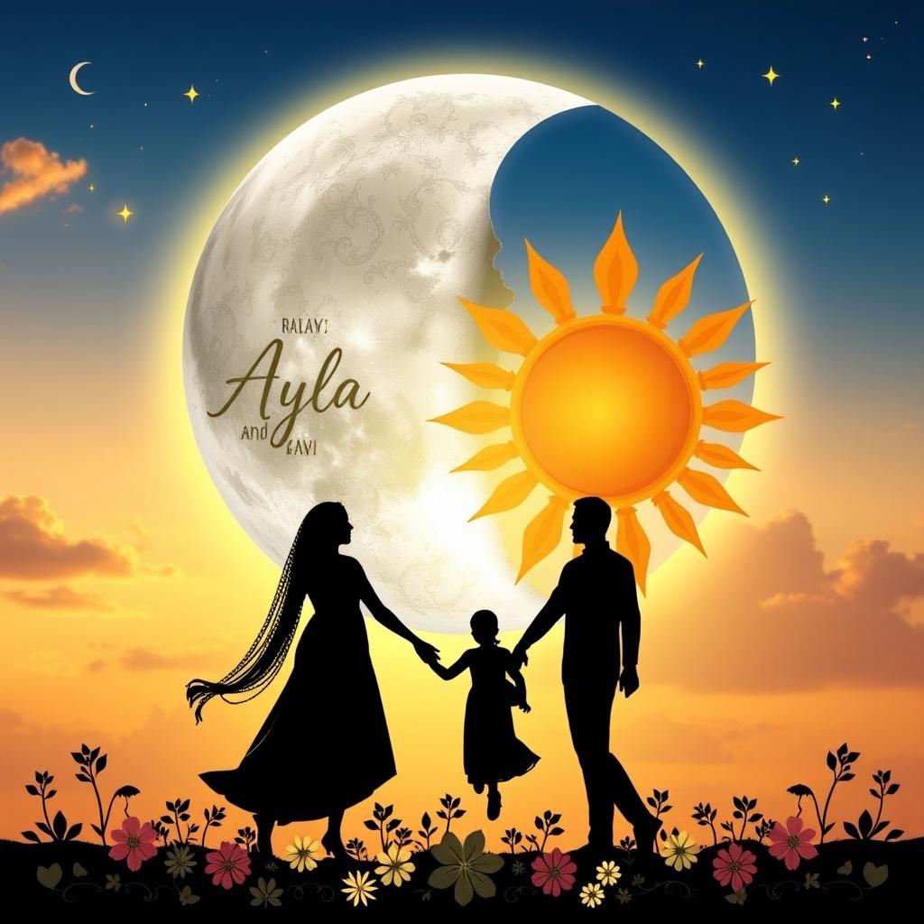 A book cover illustrating the union of the moon and sun symbolizing the love between Ayla and Ravi