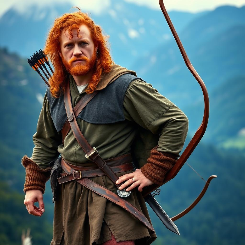A full-body image of a tall and strong handsome red-haired man with curly hair, resembling Jamie Fraser from the series Outlander