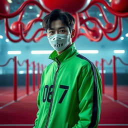 A portrait of Kim Taehyung from BTS dressed in a striking costume inspired by the aesthetic of the Squid Game series