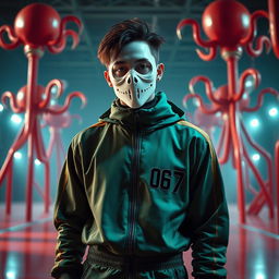 A portrait of Kim Taehyung from BTS dressed in a striking costume inspired by the aesthetic of the Squid Game series
