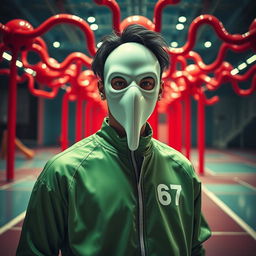 A portrait of Kim Taehyung from BTS dressed in a striking costume inspired by the aesthetic of the Squid Game series