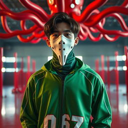 A portrait of Kim Taehyung from BTS dressed in a striking costume inspired by the aesthetic of the Squid Game series