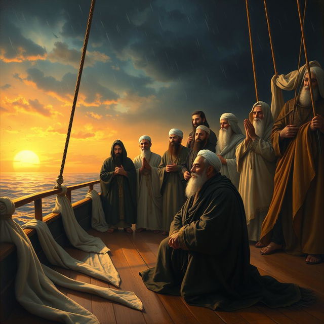 A dramatic painting depicting a scene on a ship during sunset with a rainy atmosphere