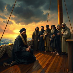 A dramatic painting depicting a scene on a ship during sunset with a rainy atmosphere