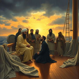 A dramatic painting depicting a scene on a ship during sunset with a rainy atmosphere