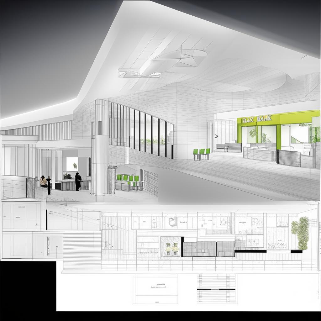 Architectural plan of a modern bank, encompassing both the interior and exterior design elements