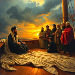 A dramatic painting depicting a scene on a ship during sunset with a rainy atmosphere