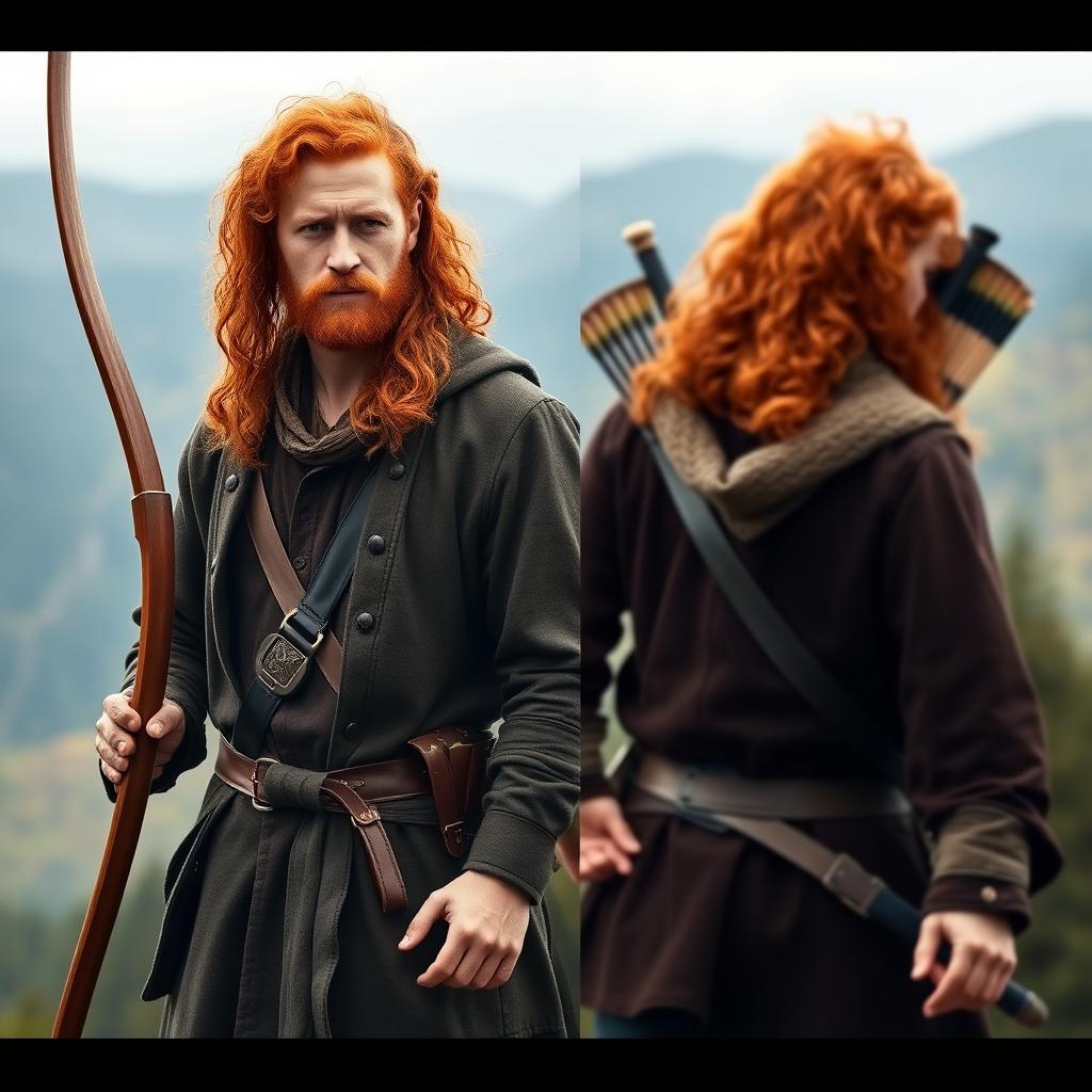 A full-body image of a tall and strong handsome red-haired man with curly hair, resembling Jamie Fraser from the series Outlander