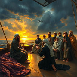 A poignant painting depicting a scene on a ship during sunset with a rainy atmosphere