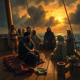 A poignant painting depicting a scene on a ship during sunset with a rainy atmosphere