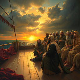 A poignant painting depicting a scene on a ship during sunset with a rainy atmosphere