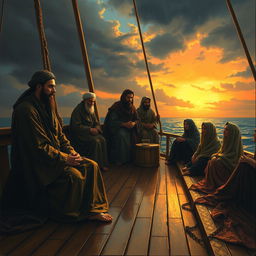 A poignant painting depicting a scene on a ship during sunset with a rainy atmosphere