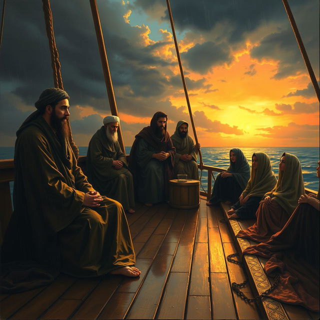A poignant painting depicting a scene on a ship during sunset with a rainy atmosphere