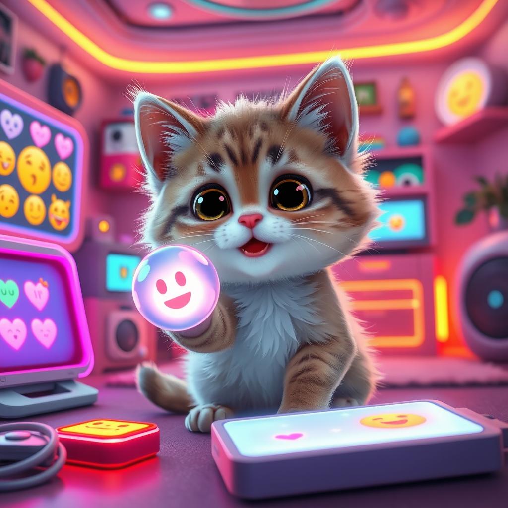 A cute, playful AI-generated kitten with big expressive eyes and a fluffy fur coat, surrounded by colorful digital gadgets and holographic screens displaying various fun emojis