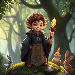 A halfling priest in a fantasy setting, wearing ornate robes adorned with symbols of nature and light