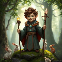 A halfling priest in a fantasy setting, wearing ornate robes adorned with symbols of nature and light